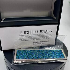 JUDITH LEIBER Compact Mirror Slim Pocket Austria Crystal Green Blue Dots Silver